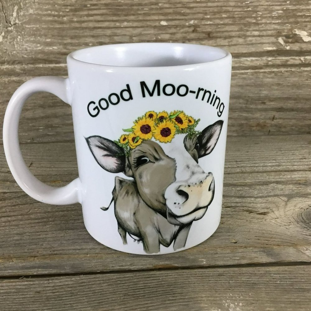 Good Moo-rning Sunflower Cow Coffee Mug